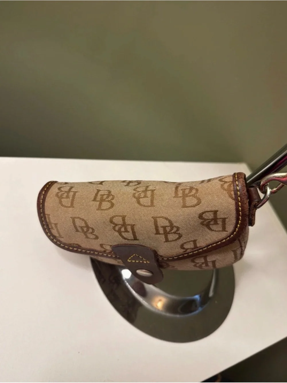 Dooney & Bourke Tan Brown Signature Monogram Mini Wristlet Leather Strap & Trim